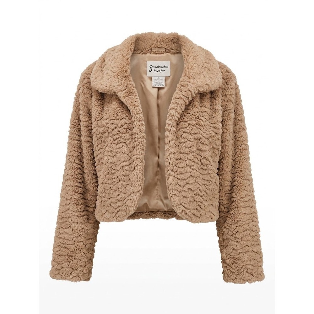 Scandinavian Faux Fur Cropped Jacket Tan Textured Bolero Coat Mob Wife Glam Y2K